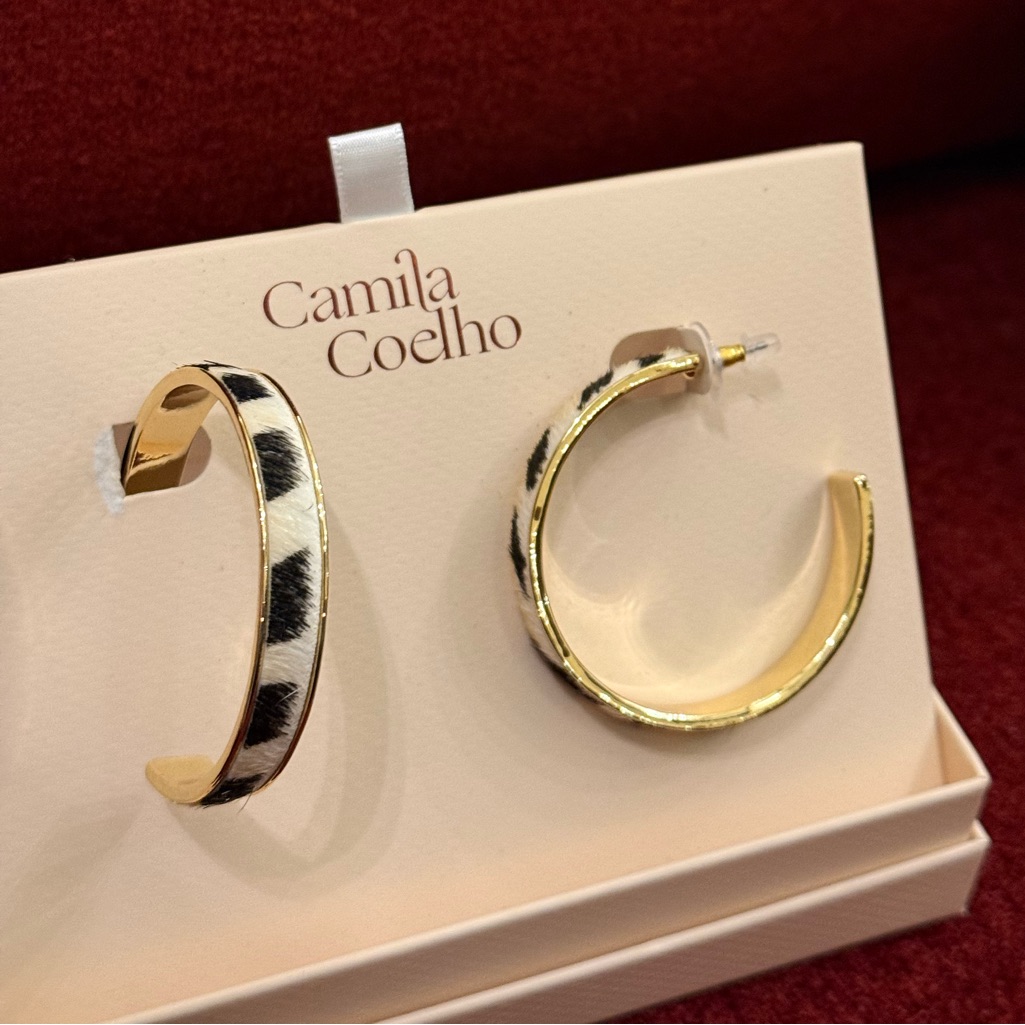Camila Coelho Animal Cow Leopard Print Fur Fuzzy Black White Gold Hoop Earrings 47$